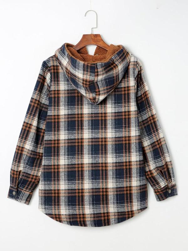 Women's Plaid Print Button Front Hooded Jacket, Casual Long Sleeve Pocket Outerwear for Fall & Winter, Ladies Clothes for Daily Wear