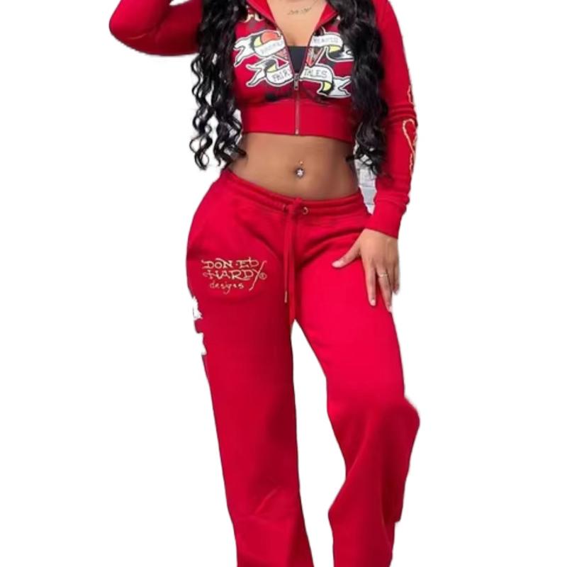 Kontturi Y2k Women's Black Print Hoodie Sweatpant 2-Piece Outfits - Womenswear, Suits Clothing Fabric Collar Comfortable