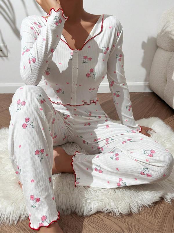 2 Piece Set Women's Cherry Print Lettuce Trim Pyjama Set, Collar V Neck Button Decor Crop Top & Bow Front Pants Pj Sets for Women, Comfy Sleepwear Set for Spring & Fall