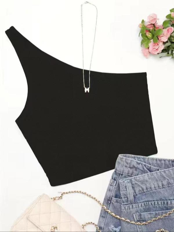 Women's Plain One Shoulder Crop Tank Top without Necklace, Summer Clothes Women, Casual Solid Color Sleeveless Ribbed Top for Summer, Women's Clothing for Daily Wear, Summer Outfits 2024