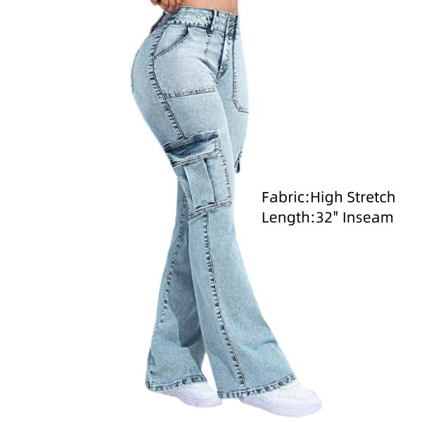 Multi Pocket Double Button Mid Rise Flare Cargo Jeans Comfort Womenswear