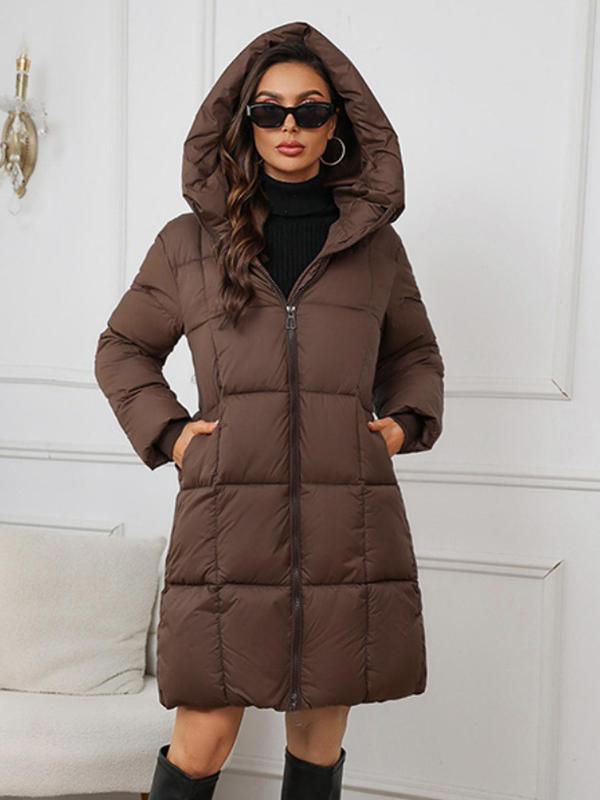 Women's Solid Zip Up Pocket Design Winter Coat, Casual Long Sleeve Thermal Outerwear for Fall & Winter, Women's Clothing for Daily Wear