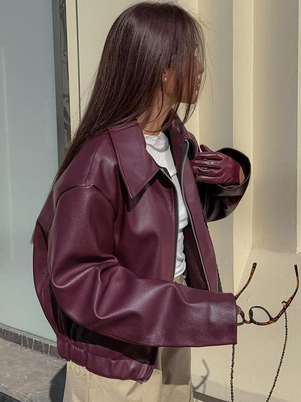 Women's Solid Zip Up Faux Leather Jacket, Casual Drop Shoulder Long Sleeve Collared Outerwear for Fall & Winter, Ladies Clothes for Daily Wear
