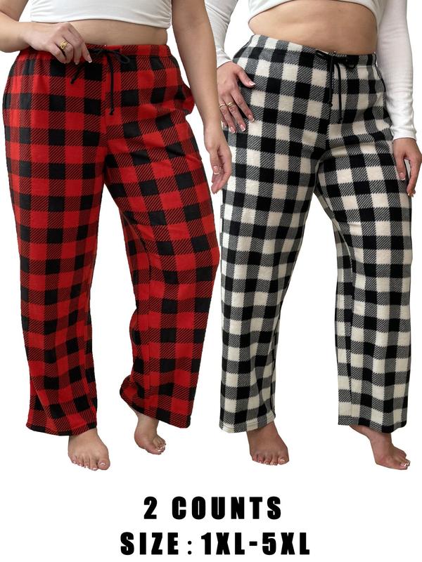  Plaid Print Drawstring Waist Pants, Casual Comfy Elastic Waist Trousers for Women, Women's Sleepwear for Fall & Winter