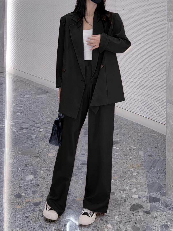 Women's Solid Double Button Lapel Neck Blazer & Pocket Pants Two-piece Set, Elegant Fashion Casual Two Piece Outfits for Work Office Business, Ladies Fall & Winter Clothes