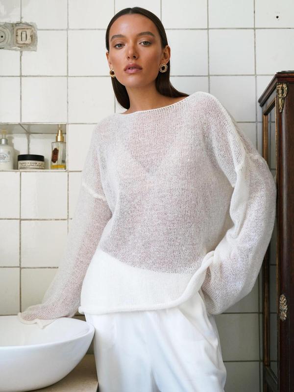 Women's Plain Sheer Drop Shoulder Sweater, Casual Long Sleeve Boat Neck Jumper for Spring & Fall, Fashion Women's Knitwear for Daily Wear