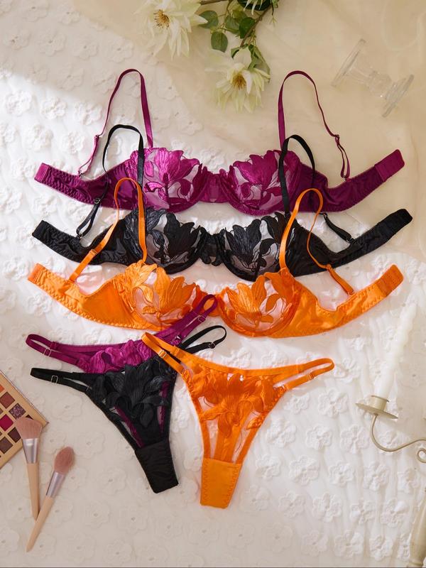 Women's Floral Embroidery Sheer Mesh Lingerie Set, Elegant Adjustable Strap Underwire Push Up Bra & Thong, Soft Comfy Breathable Lingerie Set for Women