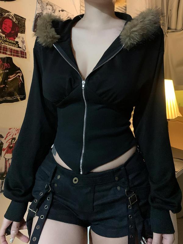 Women's Solid Zip Up Asymmetrical Hem Hooded Jacket, Casual Long Sleeve Zip Front Outerwear for Fall & Winter, Ladies Clothes for Daily Wear