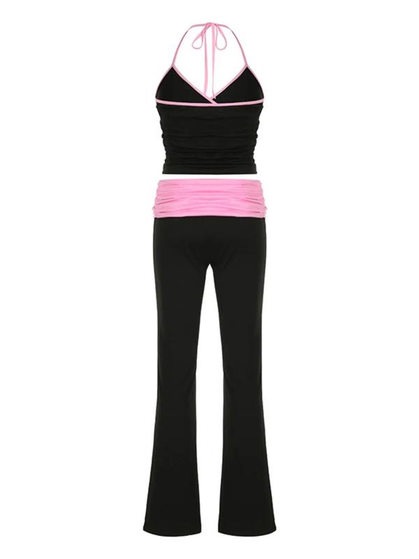 Two-piece Set Women's Contrast Binding Ruched Halter Crop Cami Top & High Waist Flare Leg Pants, Casual Sleeveless Tie Back Top & Bell Bottom Trousers for Summer,  Women's 2 Piece Sets, Ladies Clothes for Daily Wear