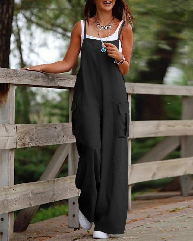Chicme Spaghetti Strap Pocket Design Suspender Jumpsuit Casual Fit Sleeve Womenswear
