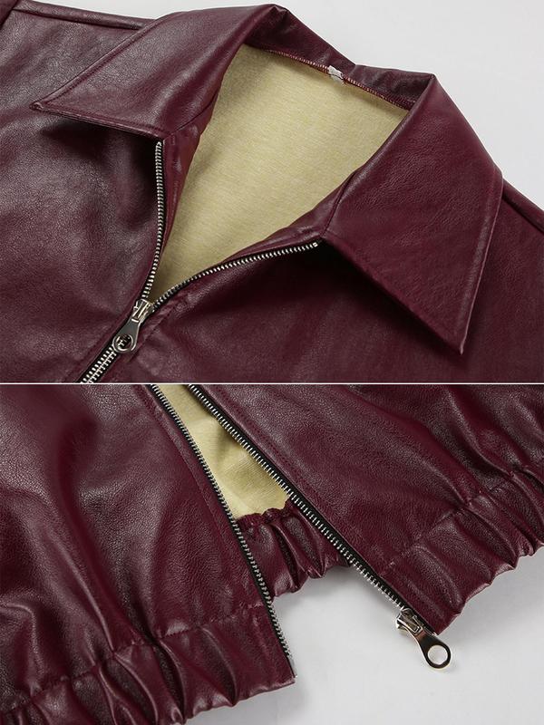 Women's Solid Zip Up Faux Leather Jacket, Casual Drop Shoulder Long Sleeve Collared Outerwear for Fall & Winter, Ladies Clothes for Daily Wear