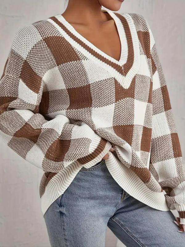 Women's Colorblock Plaid Print V Neck Sweater, Casual Drop Shoulder Long Sleeve Jumper for Spring & Fall, Fashion Women's Knitwear for Daily Wear