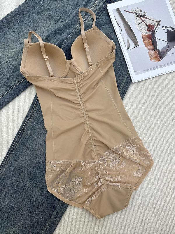 Women's Contrast Lace Ruched Sheer Shapewear Bodysuit, Adjustable Strap Tummy Control Shaper, Ladies Shapewear for All Seasons