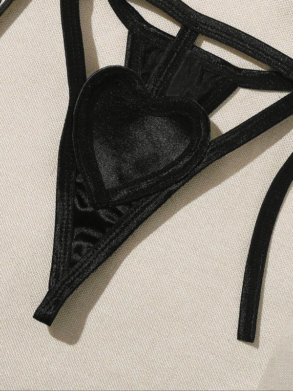 Women's Heart Design Cut Out Ring Linked Sexy Lingerie Set, Chic Sexy Halter Neck Tie Back Bra & Tie Side Thong Set, Ladies Underwear Set for Indoor Wear