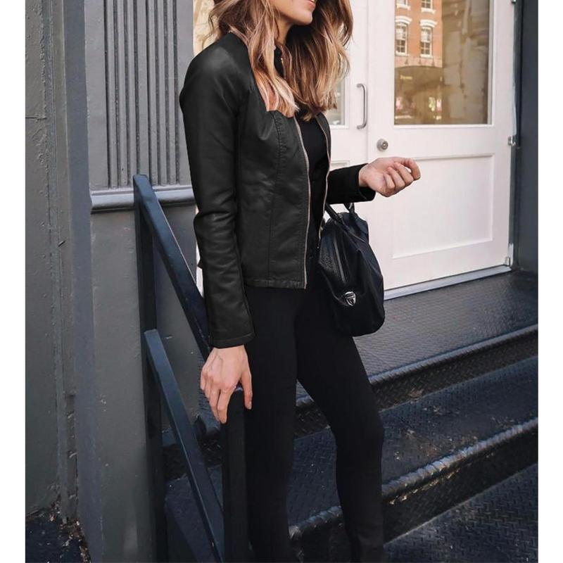 Womens Faux Leather Long Sleeve Jackets Zip Up Moto Outwear Slim Short Coats