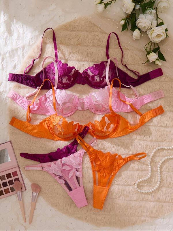 Women's Floral Embroidery Sheer Mesh Lingerie Set, Elegant Adjustable Strap Underwire Push Up Bra & Thong, Soft Comfy Breathable Lingerie Set for Women