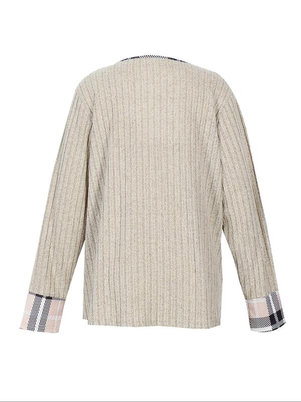  Patchwork Plaid Print Button Front V Neck Tee, Casual Long Sleeve T-shirt for Fall & Winter, Women's Clothing for Daily Wear