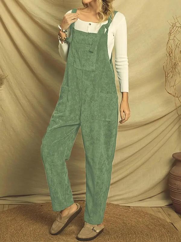 Women's Plain Knot Front Pocket Corduroy Overalls Jumpsuit without Top, Casual Sleeveless Square Neck Overalls  Body Jumpsuits  for Fall & Winter, Women's Jumpsuit for Daily Wear