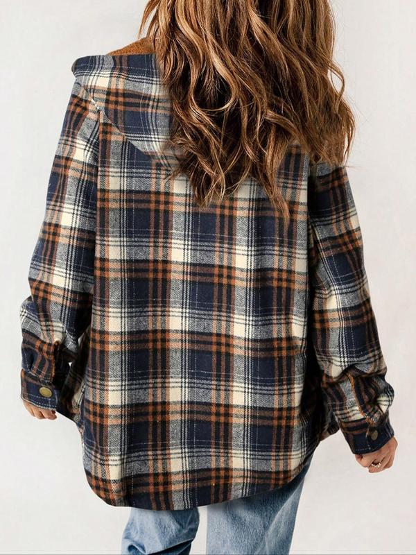 Women's Plaid Print Button Front Hooded Jacket, Casual Long Sleeve Pocket Outerwear for Fall & Winter, Ladies Clothes for Daily Wear