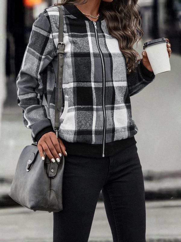 Women's Plaid Print Zip Up Bomber Jacket, Casual Long Sleeve Baseball Collar Outerwear for Spring & Fall, Ladies Clothes for Daily Wear