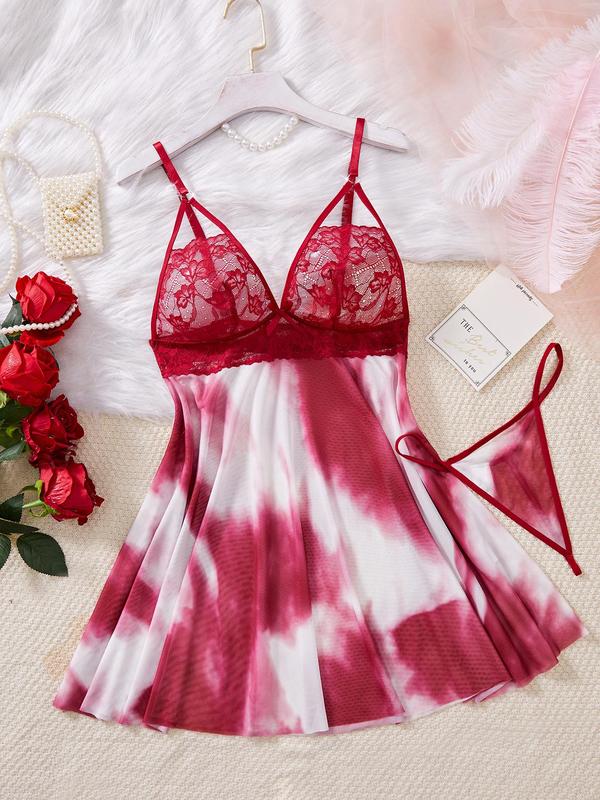 Women's Tie Dye Print Contrast Floral Lace Cami Nightdress & Thong Two-piece Set, Adjustable Spaghetti Strap Bow Decor Nightgown & Panty, Sleepwear Set for Women
