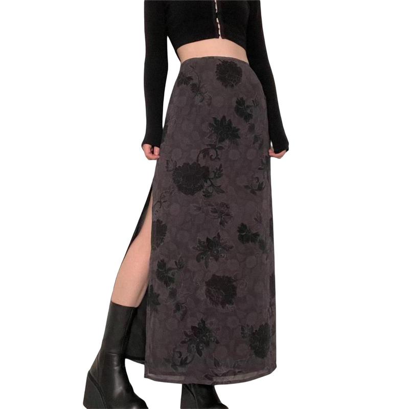 Women´s Retro Side Slit Skirt, High Waist Flower Print Ankle Length Skirt for Spring Autumn