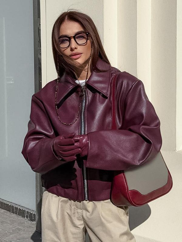 Women's Solid Zip Up Faux Leather Jacket, Casual Drop Shoulder Long Sleeve Collared Outerwear for Fall & Winter, Ladies Clothes for Daily Wear
