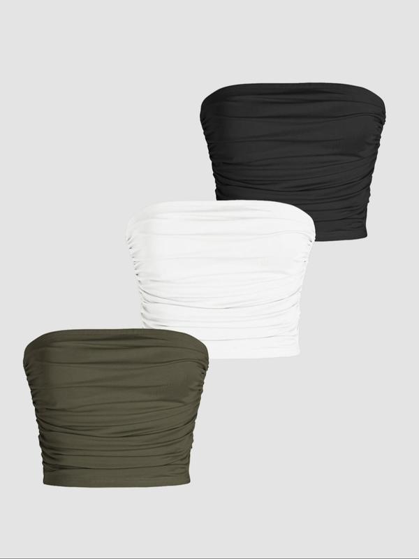 Women's Solid Ruched Strapless Tube Top, Casual Basic Short Sleeve Top for Daily Wear, Ladies Clothes for All Seasons