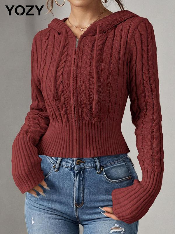 YOZY Women's Textured Drawstring Zip Up Hooded Sweater Cardigan, Casual Long Sleeve Jumper Cardigan for Fall & Winter, Women's Knit Clothing for Daily Wear