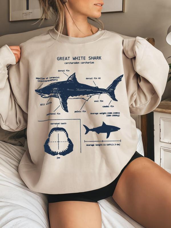 Women's Great White Shark Letter Print Drop Shoulder Sweatshirt, Casual Long Sleeve Round Neck Pullover for Fall & Winter, Sweatshirts for Women, Women's Clothes for Daily Wear