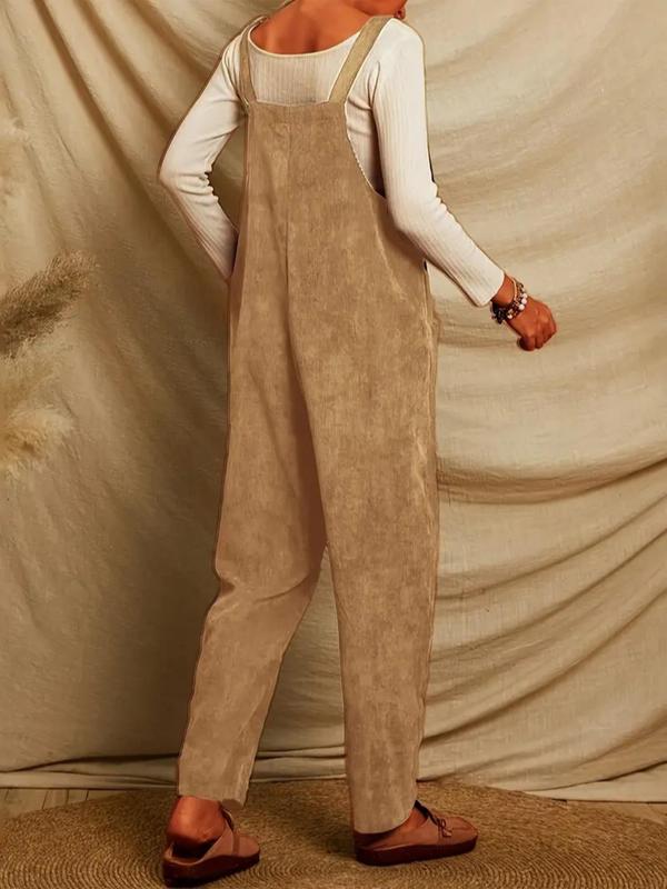Women's Plain Knot Front Pocket Corduroy Overalls Jumpsuit without Top, Casual Sleeveless Square Neck Overalls  Body Jumpsuits  for Fall & Winter, Women's Jumpsuit for Daily Wear
