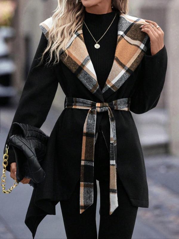 Women's Colorblock Plaid Print Belted Waterfall Coat, Casual Long Sleeve Open Front Outerwear for Fall & Winter, Ladies Clothes for Daily Wear