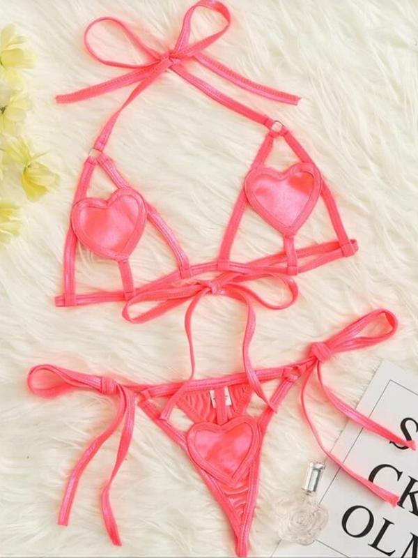 Women's Heart Design Cut Out Ring Linked Sexy Lingerie Set, Chic Sexy Halter Neck Tie Back Bra & Tie Side Thong Set, Ladies Underwear Set for Indoor Wear