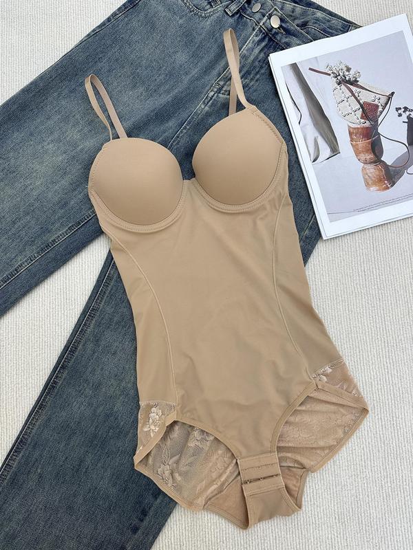 Women's Contrast Lace Ruched Sheer Shapewear Bodysuit, Adjustable Strap Tummy Control Shaper, Ladies Shapewear for All Seasons