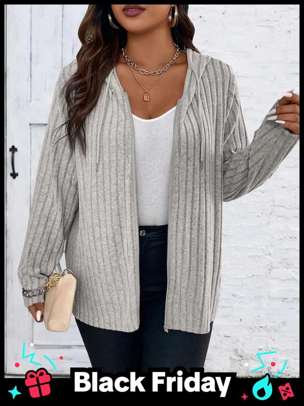  Plus Plain Drawstring Zipper Hooded Coat, Casual Long Sleeve Outerwear For Fall, Women's Clothes For Daily Wear