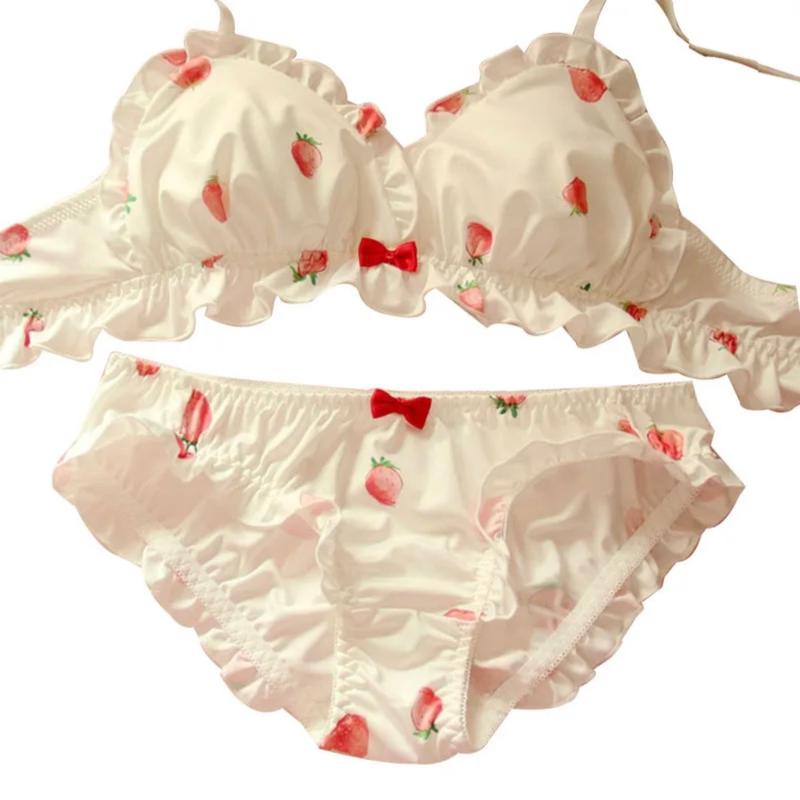 Strawberry Cute Japanese Milk Silk Bra & Panties Set Wirefree Soft Underwear Set Kawaii Lolita Bra and Panty Set Pink Linger