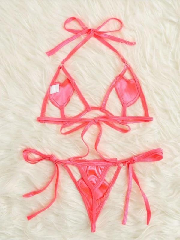 Women's Heart Design Cut Out Ring Linked Sexy Lingerie Set, Chic Sexy Halter Neck Tie Back Bra & Tie Side Thong Set, Ladies Underwear Set for Indoor Wear