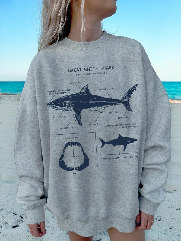 Women's Great White Shark Letter Print Drop Shoulder Sweatshirt, Casual Long Sleeve Round Neck Pullover for Fall & Winter, Sweatshirts for Women, Women's Clothes for Daily Wear