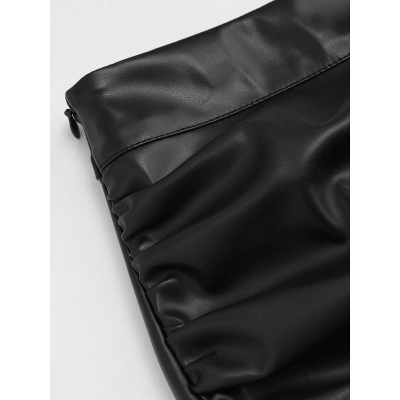Cider [size 2-10] Faux Leather Mid Rise Solid Ruched Split Midi Skirt