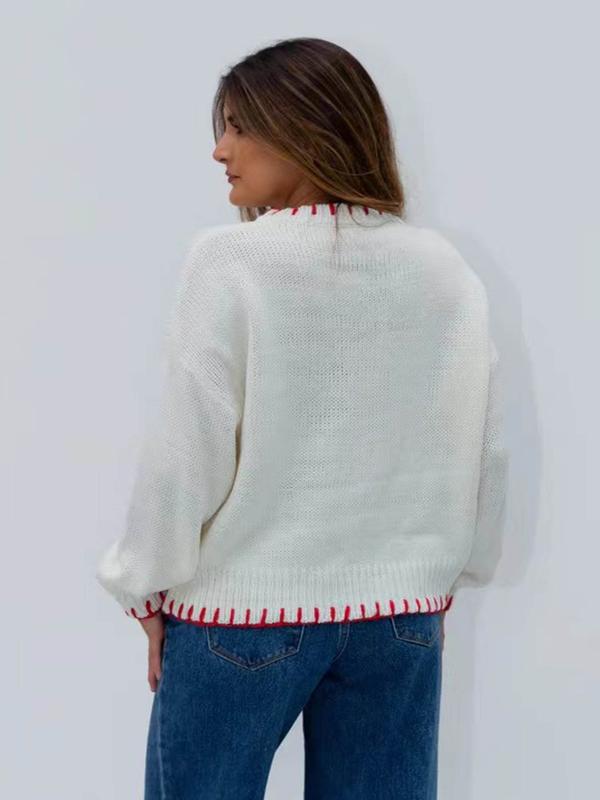 Women's Bow Print Drop Shoulder Sweater, Casual Long Sleeve Round Neck Jumper for Fall & Winter, Fashion Ladies' Knitwear for Daily Wear Christmas