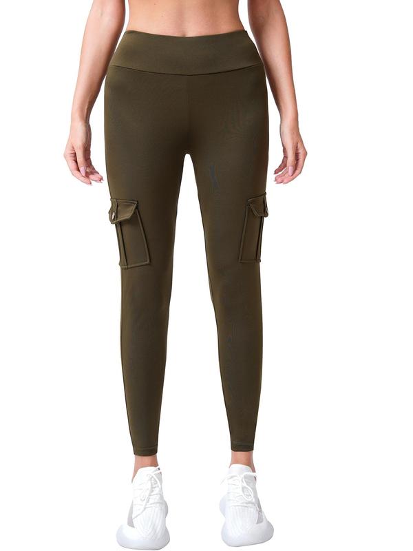 Women's Solid Flap Pocket High Waist Pants, Casual Comfy Button Design Leggings for Daily Wear, Ladies Bottoms for Fall & Winter