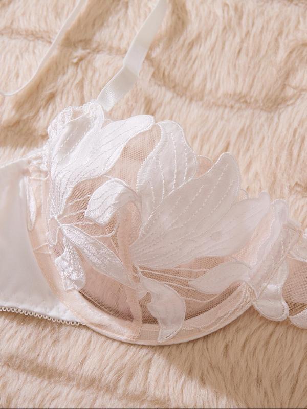 Women's Floral Embroidery Sheer Mesh Lingerie Set, Elegant Adjustable Strap Underwire Push Up Bra & Thong, Soft Comfy Breathable Lingerie Set for Women