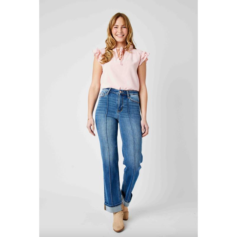 Judy Blue Front Seam Cuffed Straight Leg Jeans