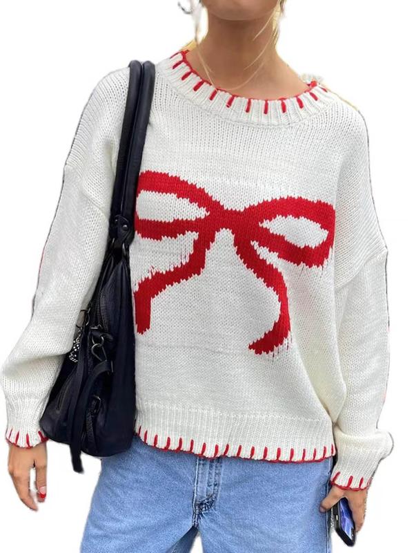 Women's Bow Print Drop Shoulder Sweater, Casual Long Sleeve Round Neck Jumper for Fall & Winter, Fashion Ladies' Knitwear for Daily Wear Christmas