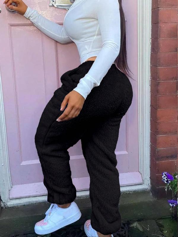 Women's Solid Color Pocket Elastic Waist Fuzzy Pants, Casual Comfy Warm Trousers for Fall & Winter, Women's Clothing for Daily Wear