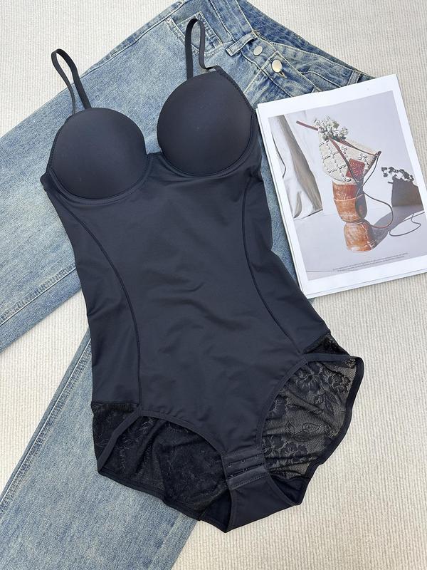 Women's Contrast Lace Ruched Sheer Shapewear Bodysuit, Adjustable Strap Tummy Control Shaper, Ladies Shapewear for All Seasons