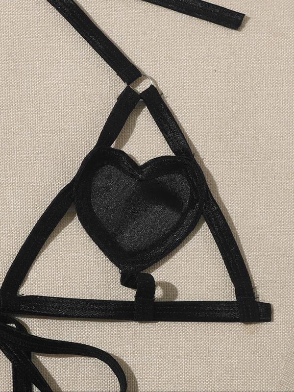Women's Heart Design Cut Out Ring Linked Sexy Lingerie Set, Chic Sexy Halter Neck Tie Back Bra & Tie Side Thong Set, Ladies Underwear Set for Indoor Wear