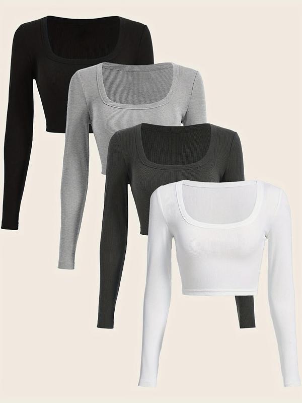 Women's Solid Long Sleeve Crop Tee, Casual Square Neck T-Shirt for Spring & Fall, Women's Clothes for Daily Wear