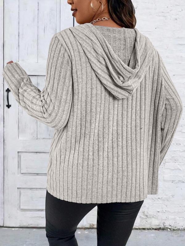  Plus Plain Drawstring Zipper Hooded Coat, Casual Long Sleeve Outerwear For Fall, Women's Clothes For Daily Wear