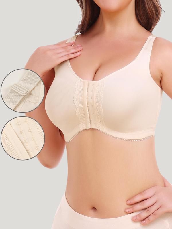 Women's Plus Contrast Lace Adjustable Strap Bra, Solid Color Hook & Eye Push Up Bralette, Soft Comfortable Lingerie for All Seasons